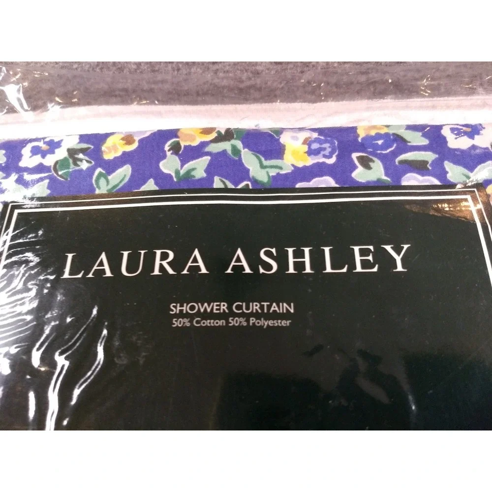 Laura Ashley Fabric Shower Curtain Floral Gingham Blue No Iron Washable Rare NEW